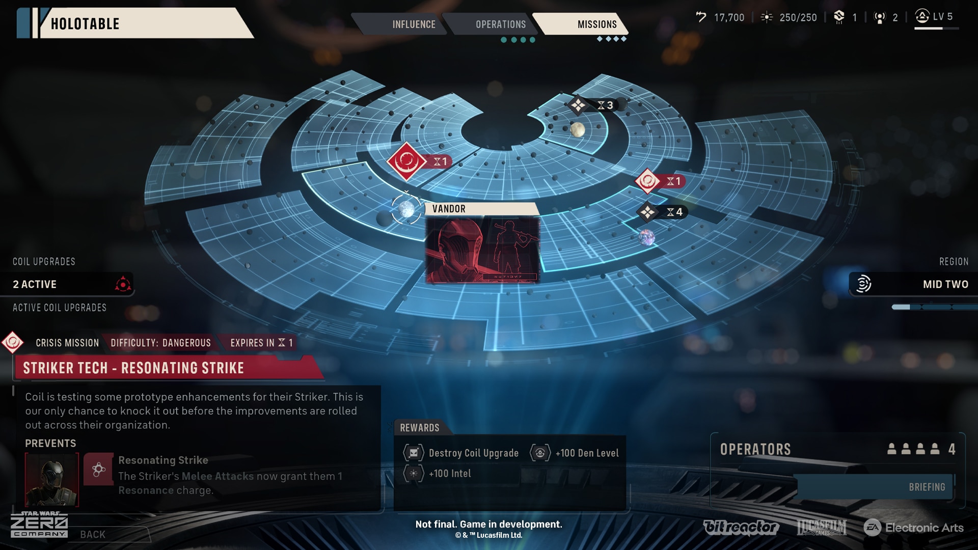 Official Zero Company Holotable mission map showing regions, crisis missions, rewards, and an Operator briefing panel.